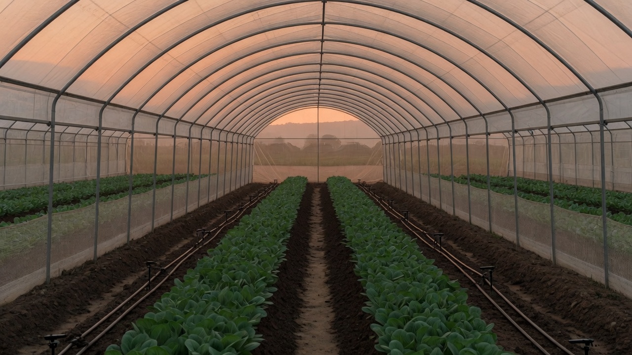 綠禾蔬菜綜合農場力霸型溫室內的葉菜栽培與灌溉管路